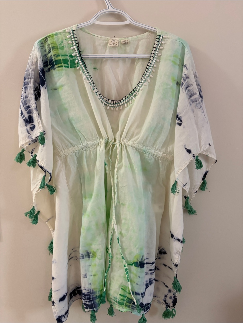 Beach By Exist Green White Tie-Dye V-Neck Tassel Tunic. One size.